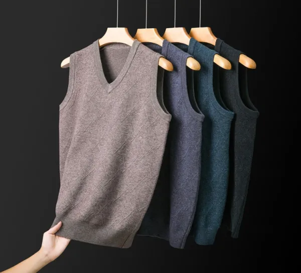 Design V-Neck Knit Vest Navy Blue Vest Top - 57