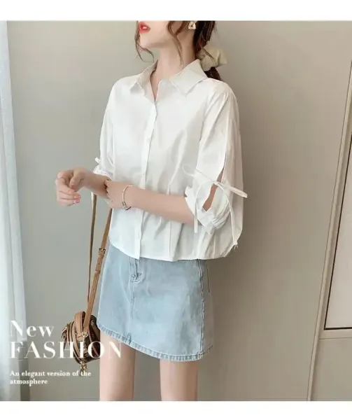 Design Bow-Sleeve Button-Up Shirt White Tops Shirt - 28