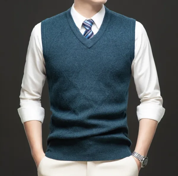 Design V-Neck Knit Vest Navy Blue Vest Top - 64