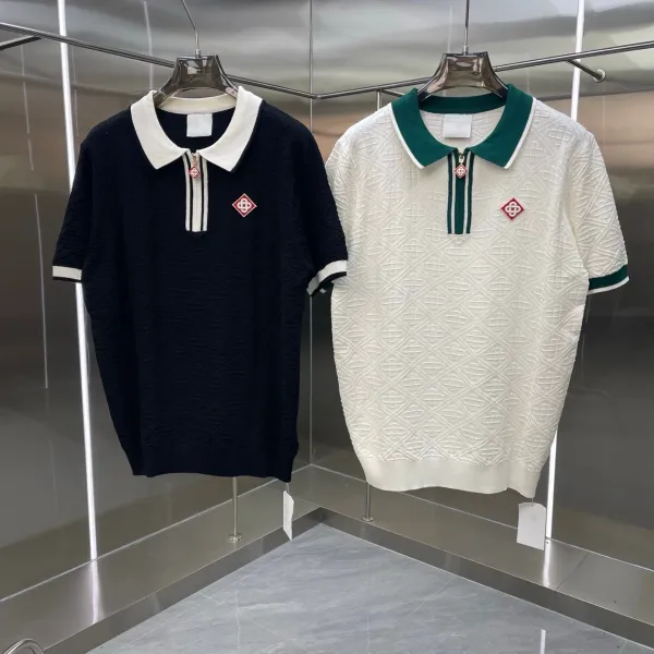 Design Knit Polo Shirt with Contrasting Collar and Zip Placket in Black Tops Polo - 3