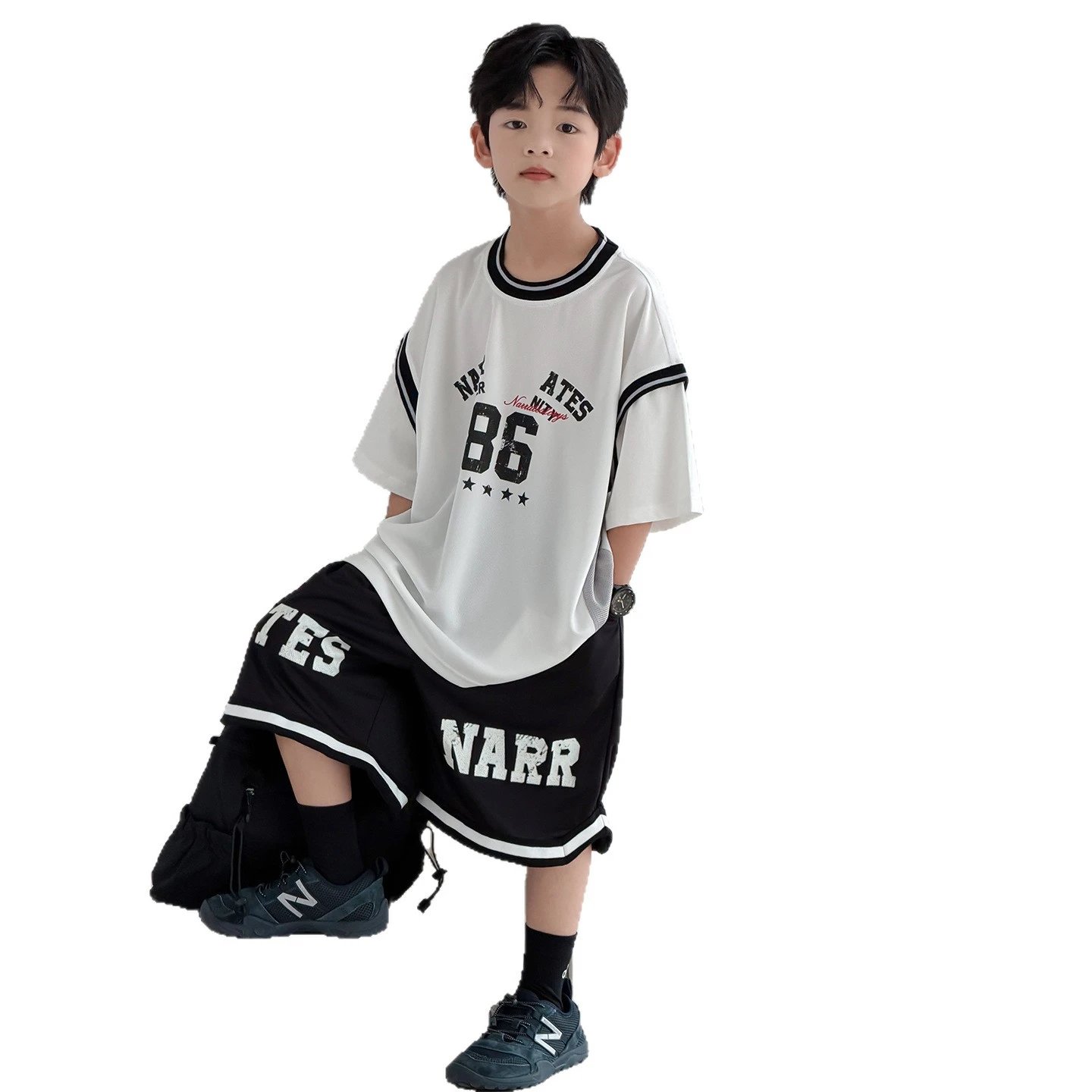 White Graphic Print 86 Number Oversized T-Shirt Black Mesh Shorts Sporty Set