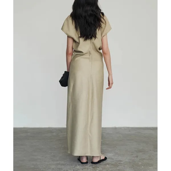 Design Minimalist Beige A-Line Maxi Dress with Cap Sleeves - 8