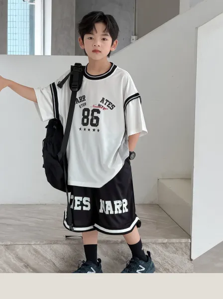Design Graphic Print Oversized T-Shirt and Basketball Shorts Set White / Black - 14