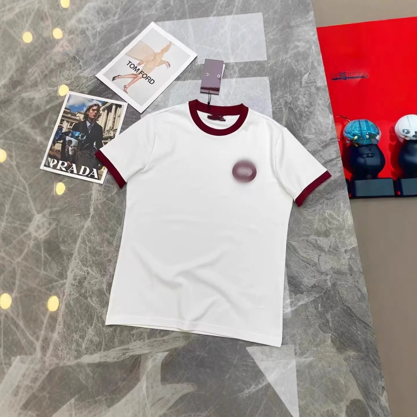 White Cotton T-Shirt With Maroon Trim And Circular Patch Casual Top