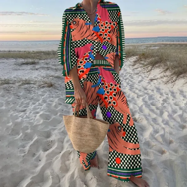 Design Printed Bird Motif Shirt with Colorblock Cuff Pants and Straw Bucket Bag Clothing - 7