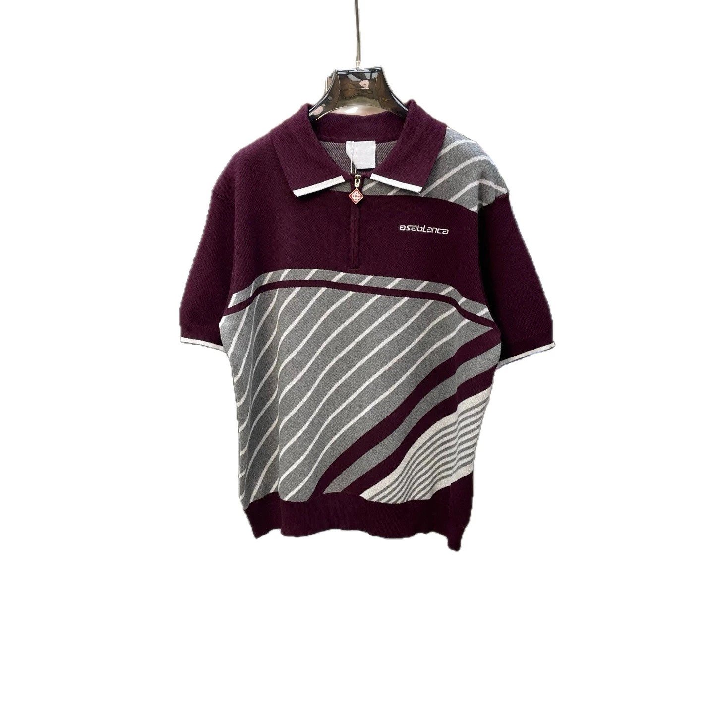 Asablanca Polo Shirt Burgundy Gray Striped Sporty