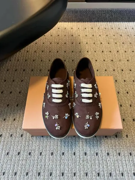 Miu Miu Floral Embellished Canvas Sneakers Brown - 1