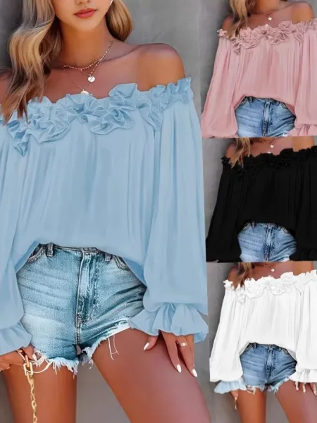 Design Ruffled Off-Shoulder Blouse in Sky Blue Tops - 6