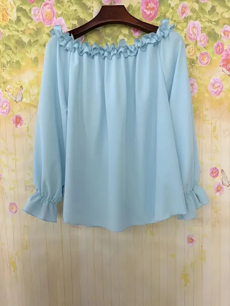 Design Ruffled Off-Shoulder Blouse in Sky Blue Tops - 7