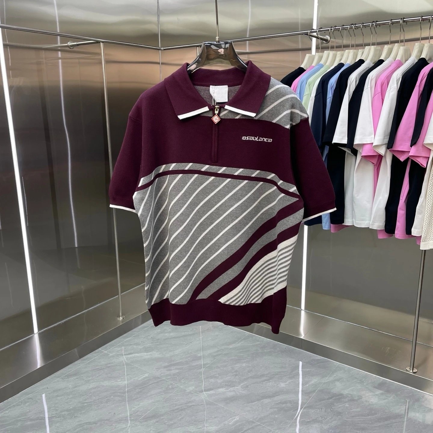 Casablanca Half-Zip Polo Burgundy Gray Striped Knit Polo Polo Shirt - 3