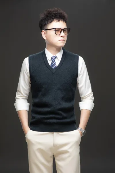 Design V-Neck Knit Vest Navy Blue Vest Top - 59