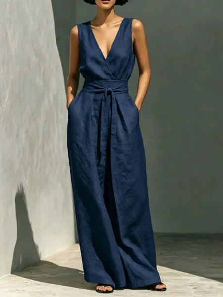 Design Wrap Front Wide-Leg Jumpsuit Black Dress - 8
