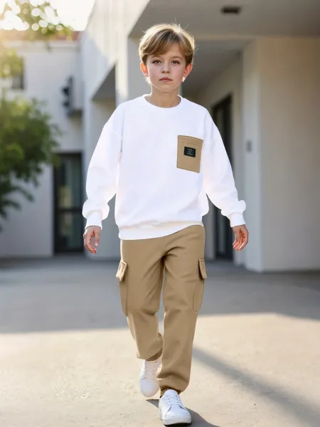 Design Oversized Pocket Sweatshirt and Cargo Pants Set in White and Army Green Casual Set - 18