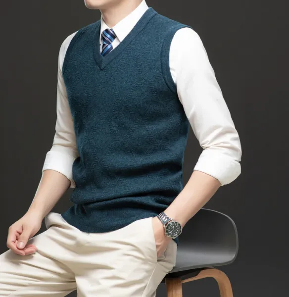 Design V-Neck Knit Vest Navy Blue Vest Top - 66