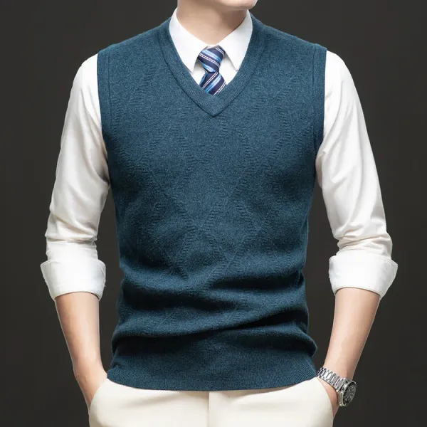 Design V-Neck Knit Vest Navy Blue Vest Top - 82
