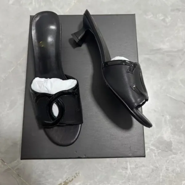 Chanel CC Logo Mule Black Leather Heeled Slides Sandals - 1