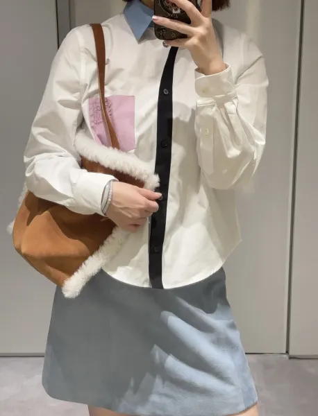 Design Patchwork Button-Down Shirt White with Black Placket and Pink Pocket + Gray Mini Skirt Tops Shirt - 6
