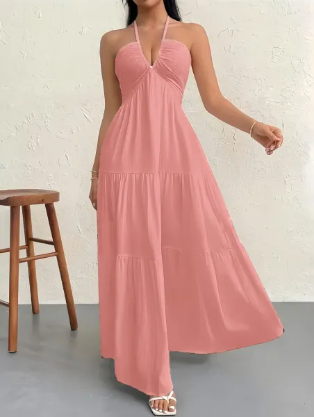 Design Halter Neck Tiered Maxi Dress Pale Yellow - 16