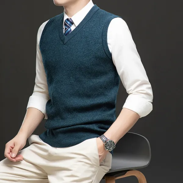Design V-Neck Knit Vest Navy Blue Vest Top - 93
