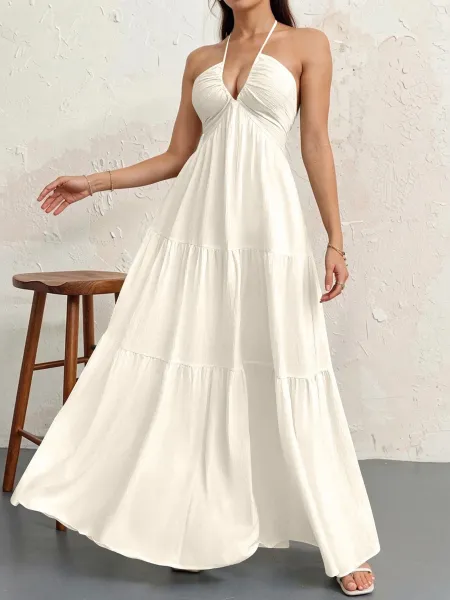 Design Halter Neck Tiered Maxi Dress Pale Yellow - 17
