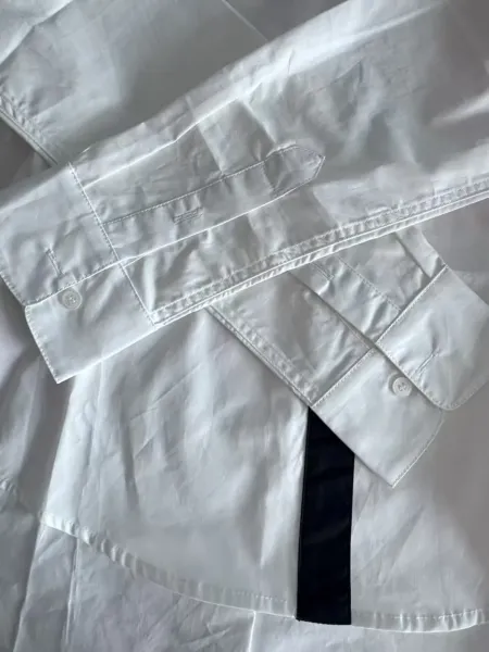 Design Patchwork Button-Down Shirt White with Black Placket and Pink Pocket + Gray Mini Skirt Tops Shirt - 9