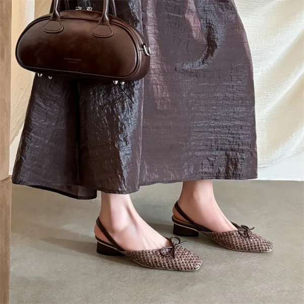 Design Woven Slingback Loafers with Bow Detail in Beige, Brown, and Black Loafers - 16