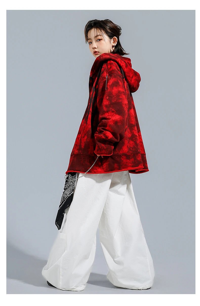Design Red Tie-Dye Hooded Zip-Up Jacket Outerwear - 10