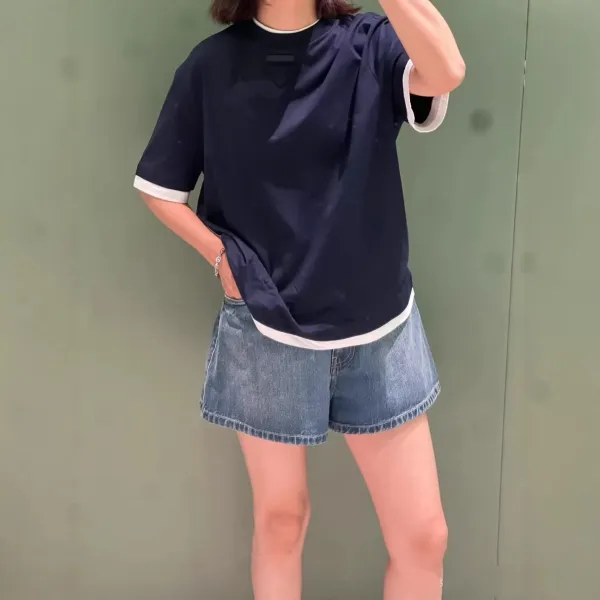 Prada Re-Nylon Triangle Logo T-Shirt Navy and White - 5