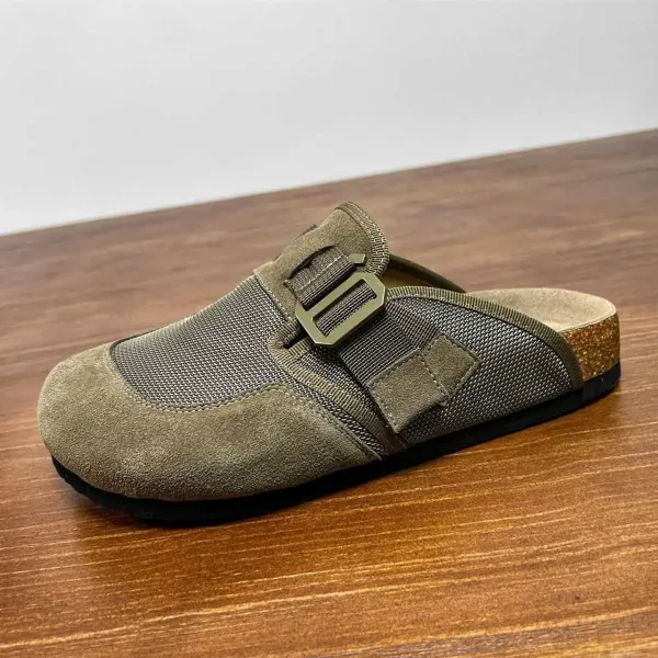 Design Buckle Strap Mule in Army Green Mesh and Suede Slippers - 7