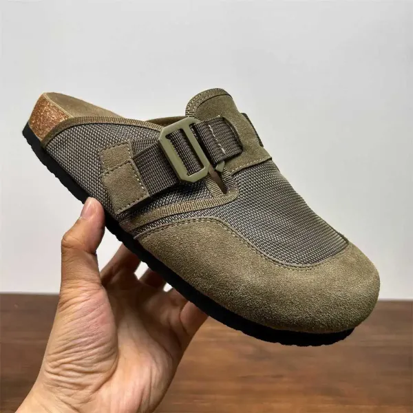 Design Buckle Strap Mule in Army Green Mesh and Suede Slippers - 9