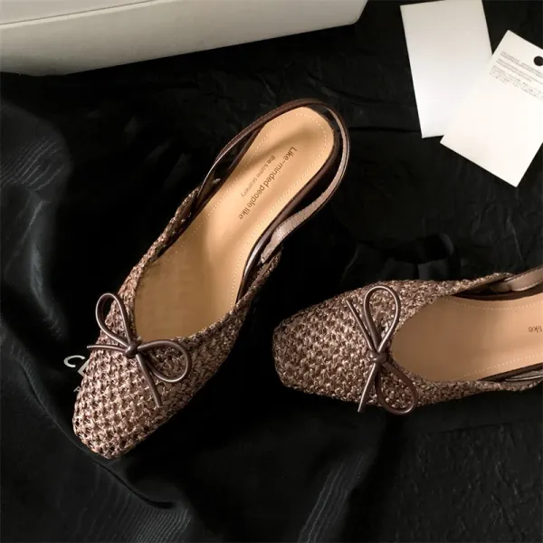 Design Woven Slingback Loafers with Bow Detail in Beige, Brown, and Black Loafers - 36
