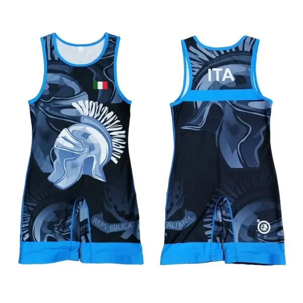 FIGC (Federazione Italiana Giuoco Calcio) Spartan Helmet Wrestling Singlet Blue Black Activewear - 1