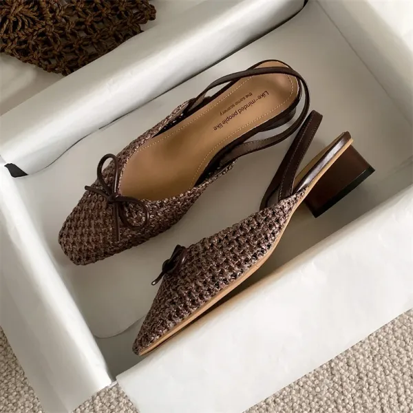 Design Woven Slingback Loafers with Bow Detail in Beige, Brown, and Black Loafers - 37