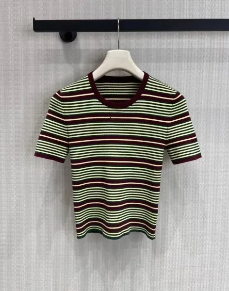 Design Striped Knit Short-Sleeve Top in Burgundy, Green, and Cream Tops - 10