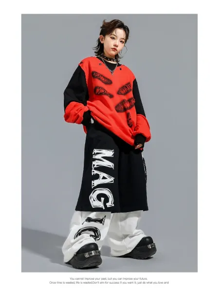 Design Distressed Mouth Print Color-Block Hoodie Red / Black - 9