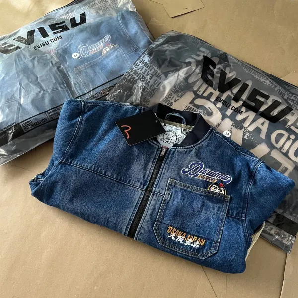 Evisu Denim Bomber Jacket with Osaka Japan Patch and Corduroy Panels Blue - 7
