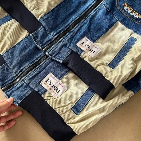 Evisu Denim Bomber Jacket with Osaka Japan Patch and Corduroy Panels Blue - 8