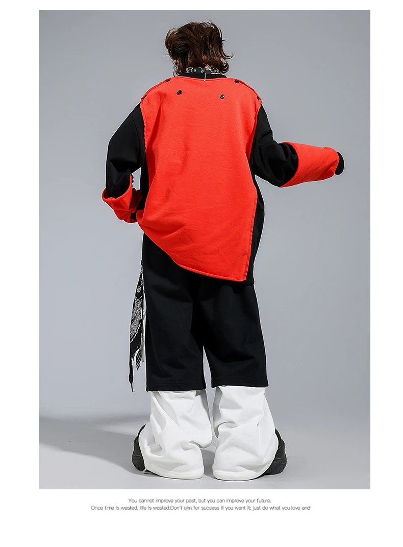 Design Distressed Mouth Print Color-Block Hoodie Red / Black - 14