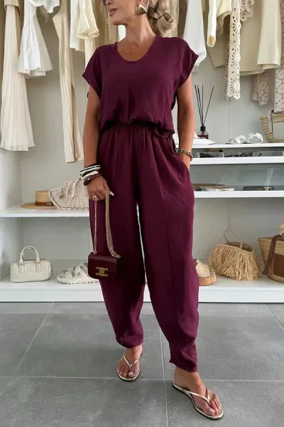 Design Wide-Leg Jogger Pants in Burgundy with Matching Top Set - 10