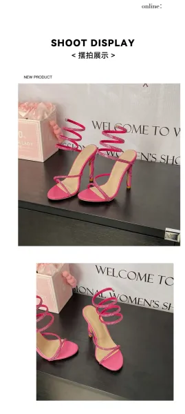 Design Strappy Crystal-Embellished Pink Stiletto Heels - 33