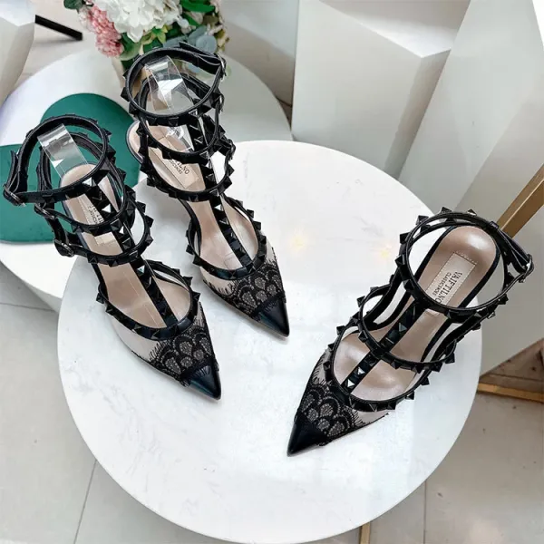 Valentino Rockstud Lace-Trimmed Strappy Stiletto Heels Black - 2