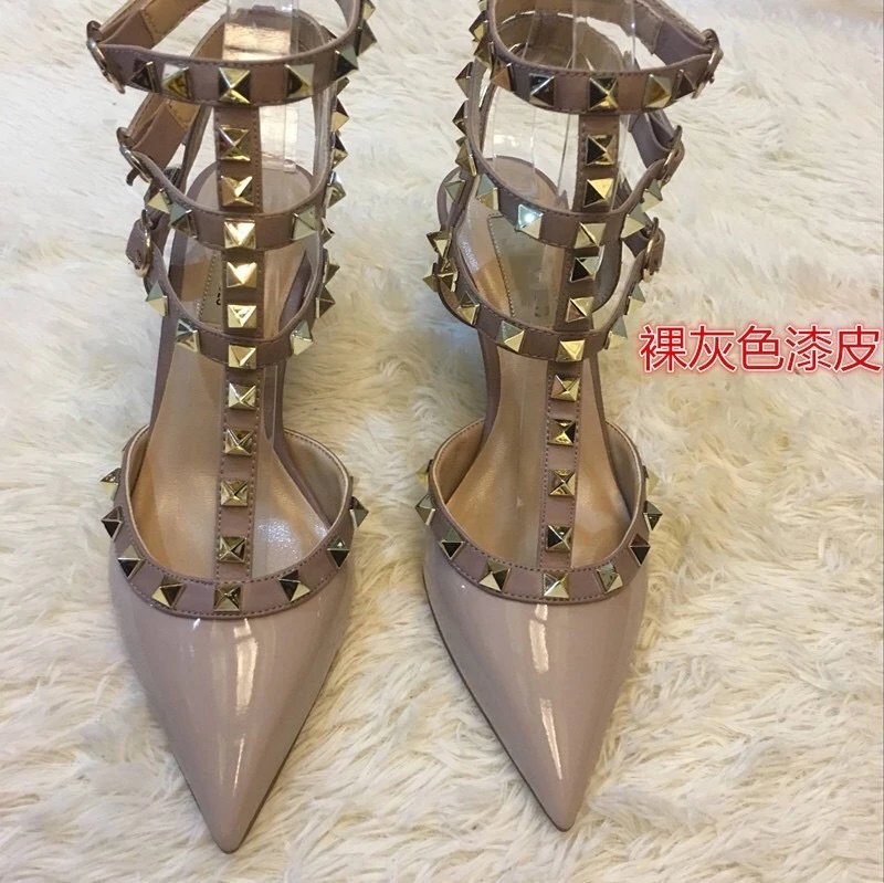 Valentino Rockstud Strappy Pointed-Toe Stilettos Nude Patent Leather