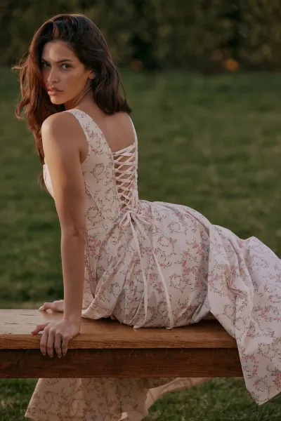 Design Floral Corset Midi Dress Beige Pink - 12