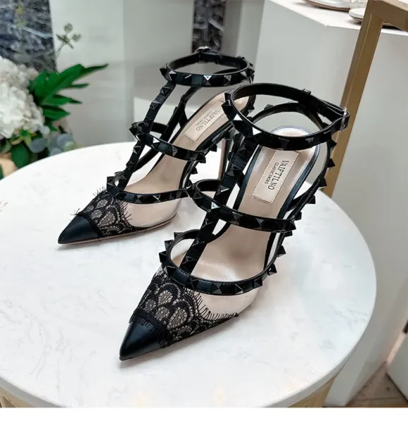 Valentino Rockstud Lace-Trimmed Strappy Stiletto Heels Black - 9