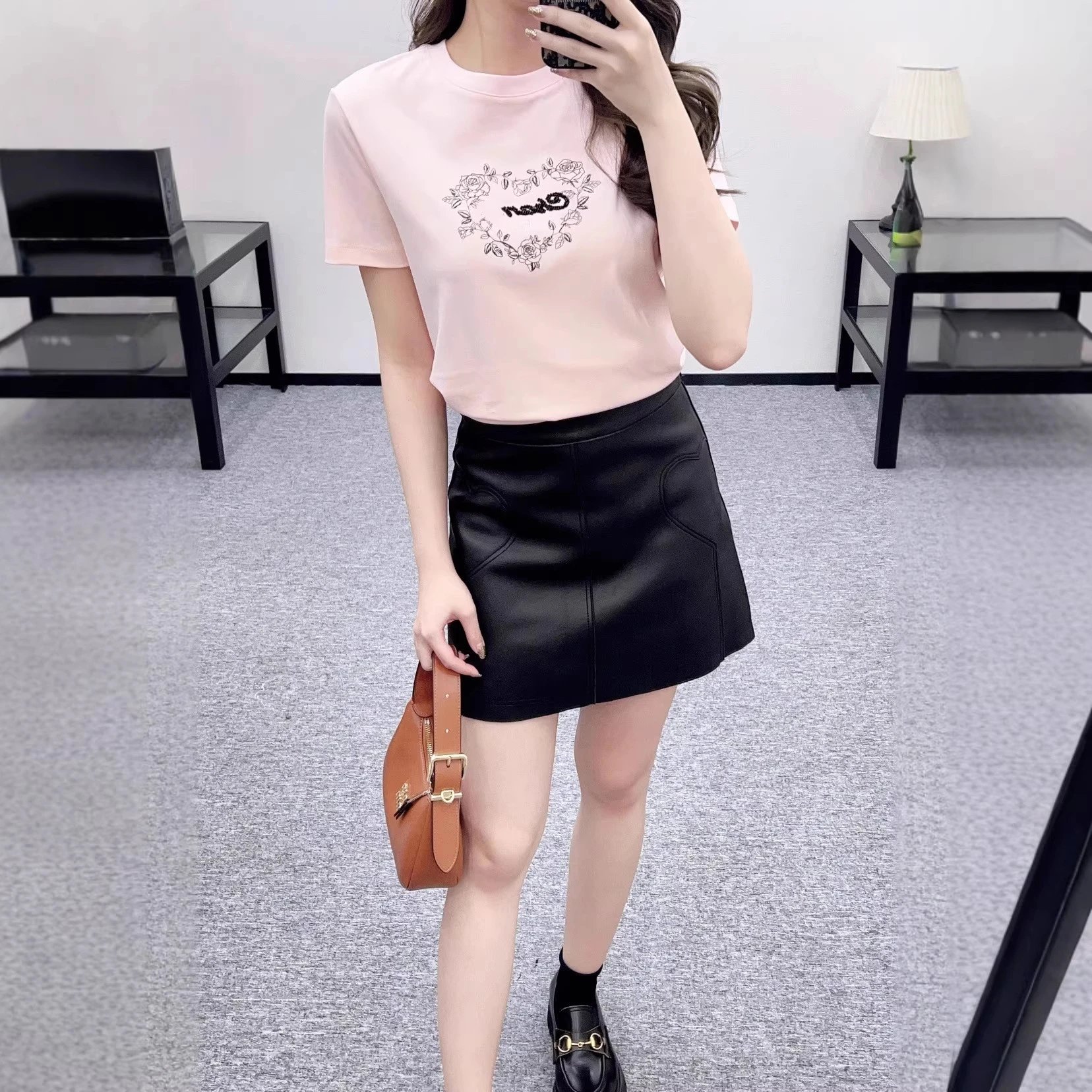 White Graphic Print T-Shirt Black Faux Leather Mini Skirt
