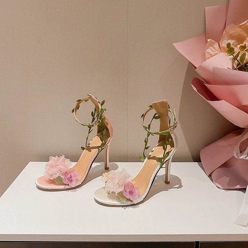 Design Floral Vine Ankle-Strap Stiletto Heels White - 3