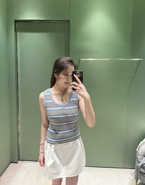 Design Striped Knit Crop Tank Top in Sky Blue, Black, and White Vest Top - 4