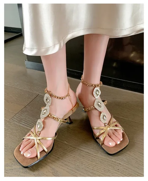 Design Crystal-Embellished Gold Strappy Mules Sandals - 3