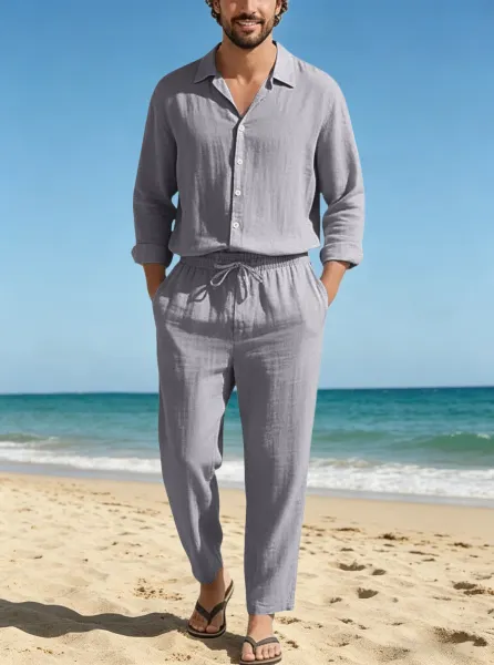 Design Linen Shirt and Drawstring Pants Set White Casual Set - 23
