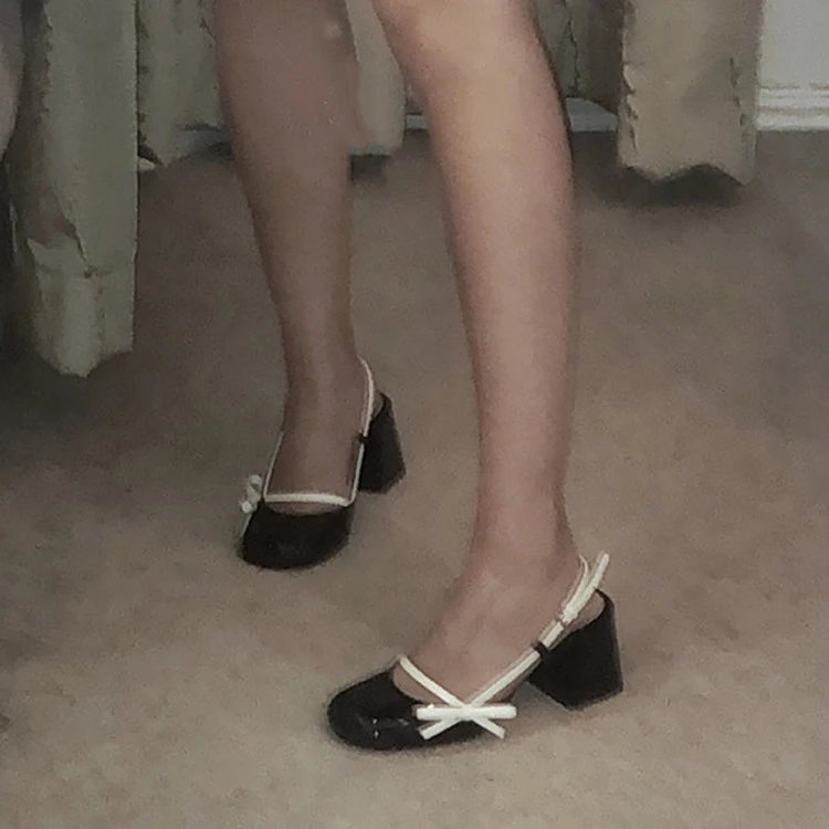 Design Mary Jane Slingback Block Heel Black Patent Leather Shoes with Bow Detail - 2